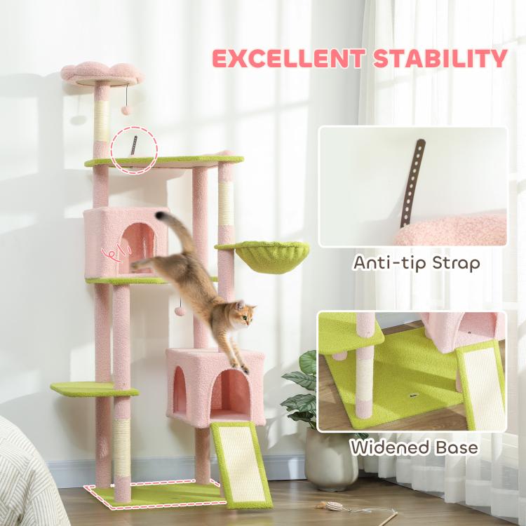 Cat tree stability details with anti-tip strap and widened base, pink and green
