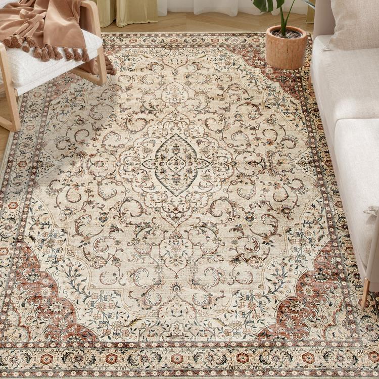 8x10 area rug with cream base, ornate classical floral medallion, mixed brown border