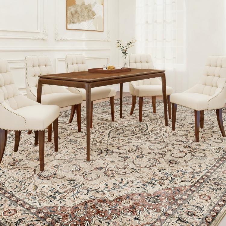 Classical floral area rug in cream with brown and rust scrollwork pattern