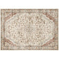 Rectangular cream area rug with ornate floral center medallion and brown border
