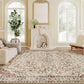 Large cream ornamental floral rug with detailed brown scrolling and central medallion