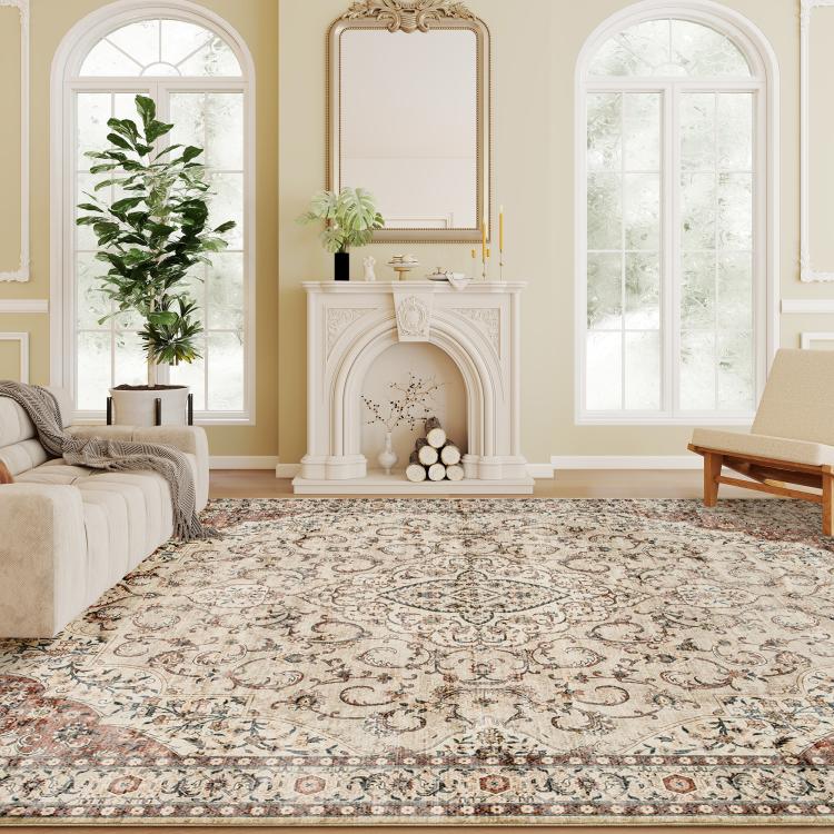 Large cream ornamental floral rug with detailed brown scrolling and central medallion