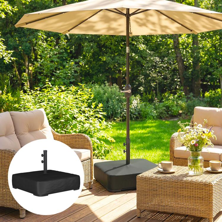Black umbrella base with square cover supporting a vertical pole outdoors