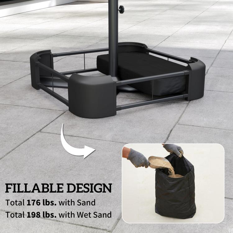Black metal umbrella base frame with central pole holder and cross supports