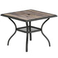 Square outdoor table with gray faux-wood top, umbrella hole, and bottom mesh shelf