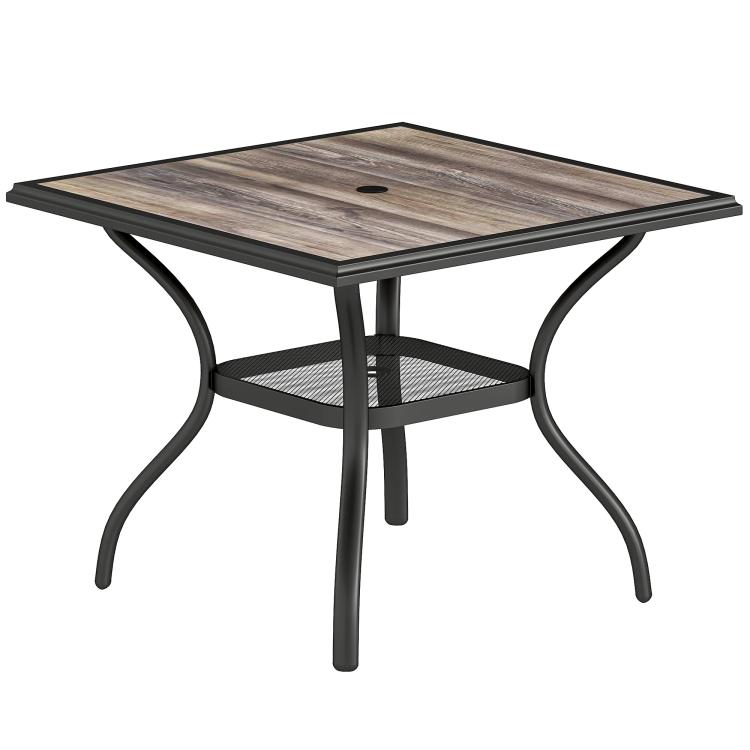 Square outdoor table with gray faux-wood top, umbrella hole, and bottom mesh shelf