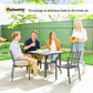 Gray square outdoor dining table with faux wood top and umbrella hole
