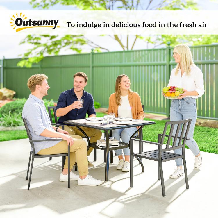 Gray square outdoor dining table with faux wood top and umbrella hole