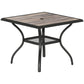 Black frame square patio table with faux wood top and umbrella hole