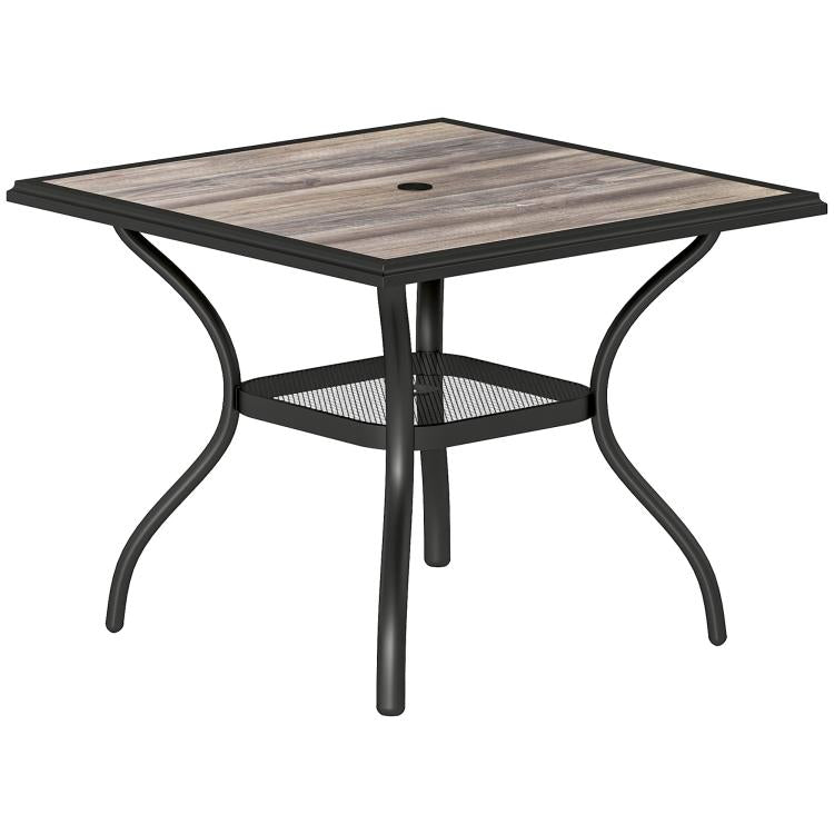 Black frame square patio table with faux wood top and umbrella hole