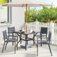 Square patio dining table with gray faux-wood top and metal frame for outdoor seating