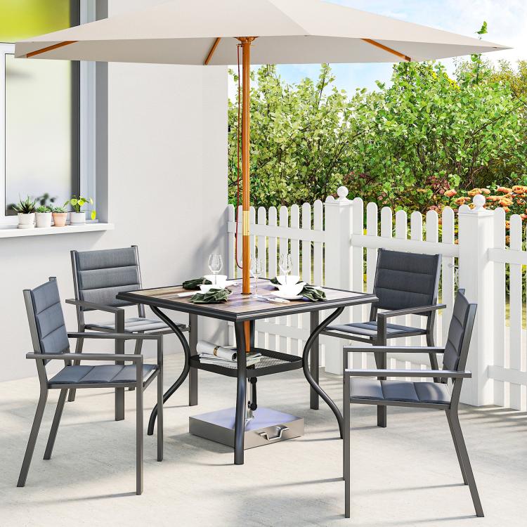 Square patio dining table with gray faux-wood top and metal frame for outdoor seating