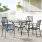 Square outdoor dining table with gray top and black metal legs on patio
