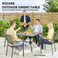 Square outdoor dining table with gray faux-wood top and umbrella hole, black frame