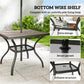 Square table showing bottom wire shelf and gray faux-wood top with umbrella hole