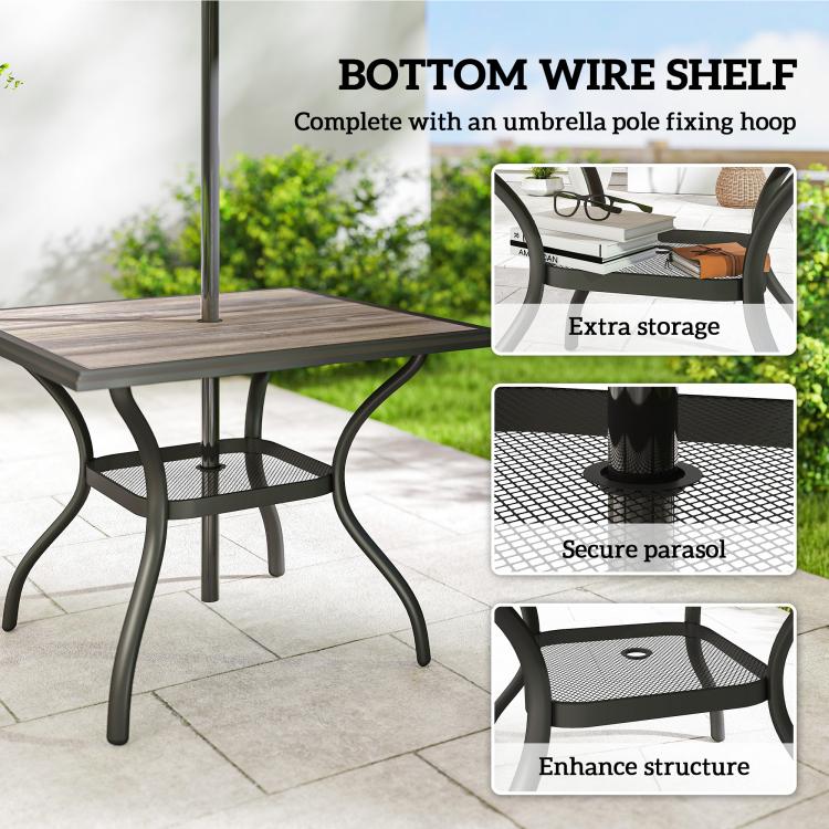 Square table showing bottom wire shelf and gray faux-wood top with umbrella hole