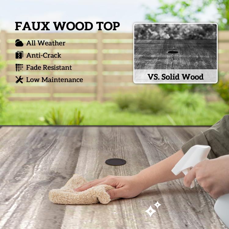 Gray faux-wood tabletop being wiped clean; umbrella hole centered on square outdoor table