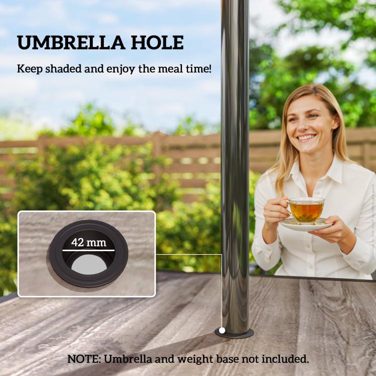 Umbrella hole detail on gray faux-wood tabletop with metal pole frame
