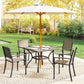 Square patio dining table with gray top and umbrella pole, surrounded by outdoor chairs