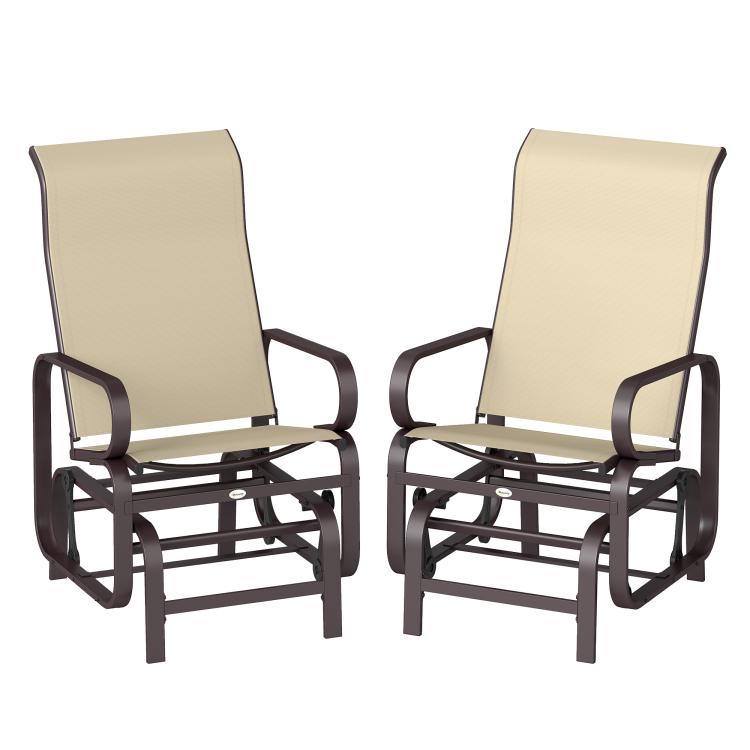 Pair of khaki mesh rocking glider chairs with dark frames and curved armrests