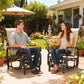 Two khaki mesh glider rocker chairs with dark frames, occupied by two people