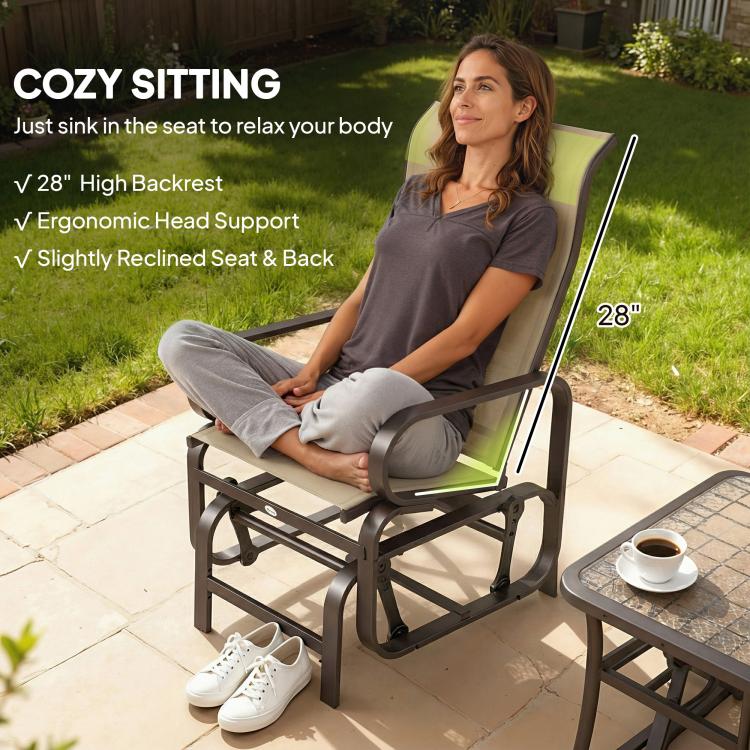 Khaki mesh high-back glider rocker chair with dark frame and cushioned seat/back