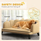 Beige pet sofa safety diagram showing armrests and backrest around dog