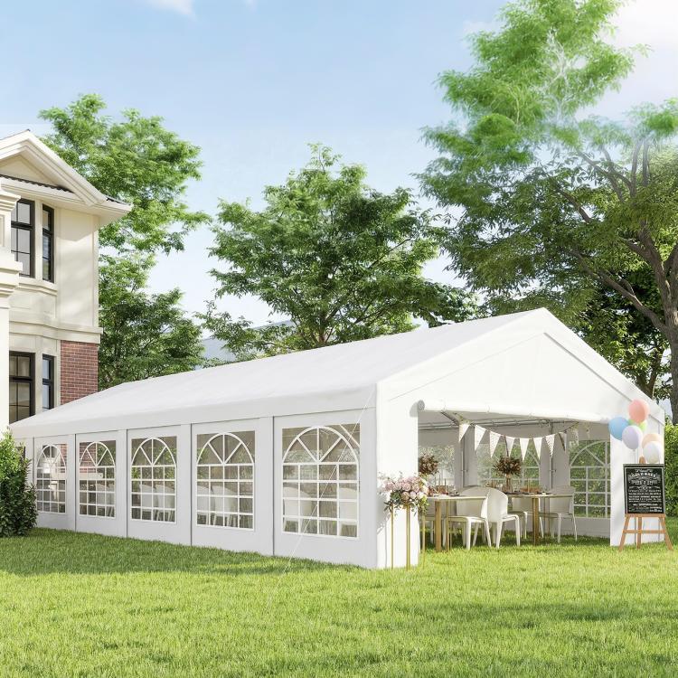 White outdoor carport canopy tent with clear window side panels and open entry