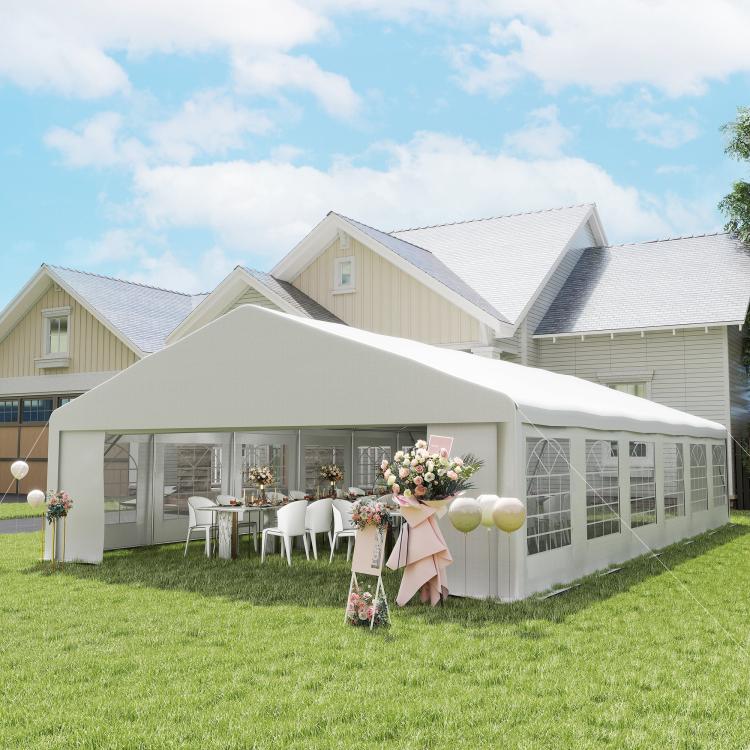 White outdoor carport canopy tent with long sidewall window panels and open front