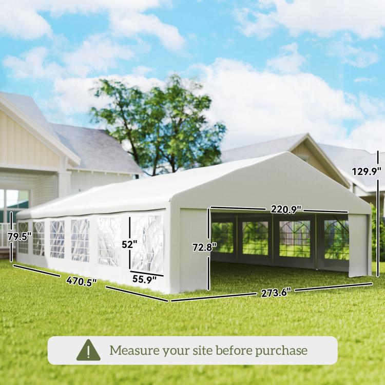 White carport canopy tent layout showing windowed sidewalls and entry opening