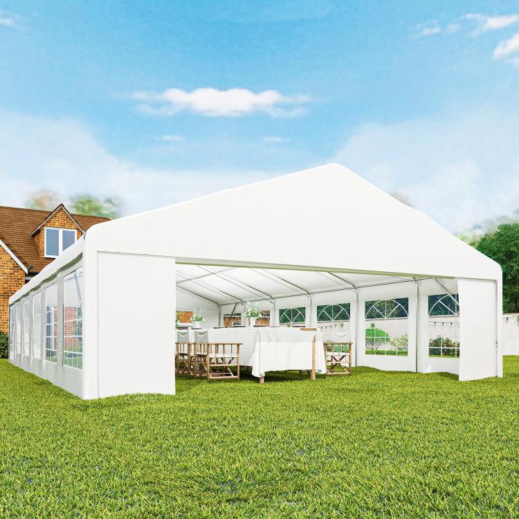 White outdoor carport canopy tent with translucent window sidewalls and wide entrance