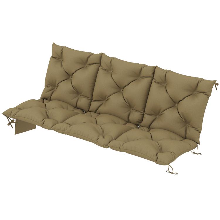 Beige bench swing cushion with backrest and tufted quilting, angled view