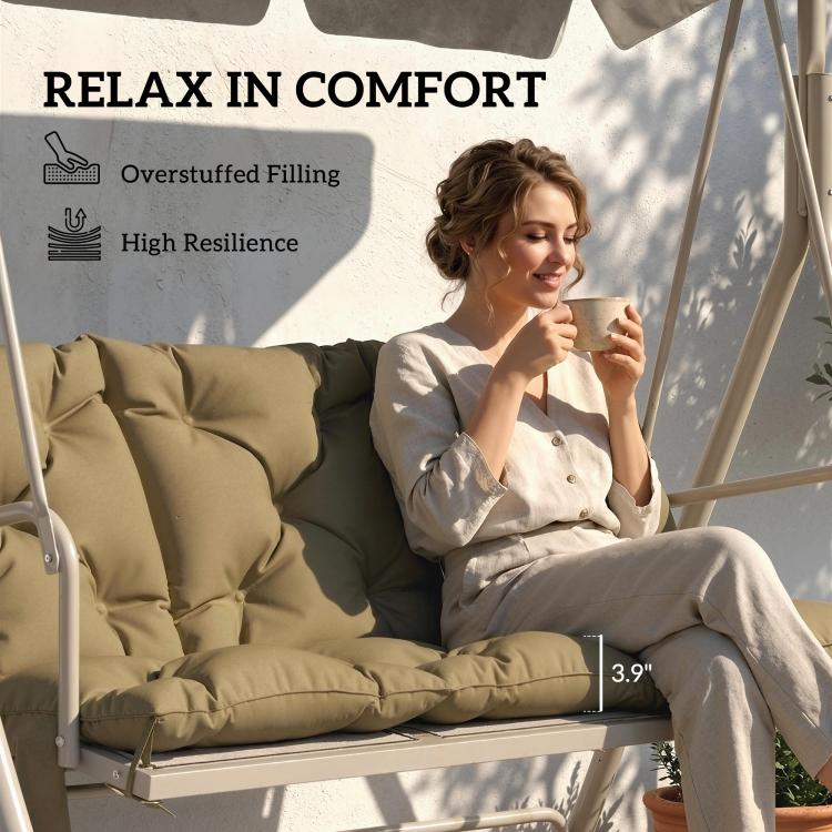 Beige bench swing cushion with backrest, deep tufting and plush seat padding