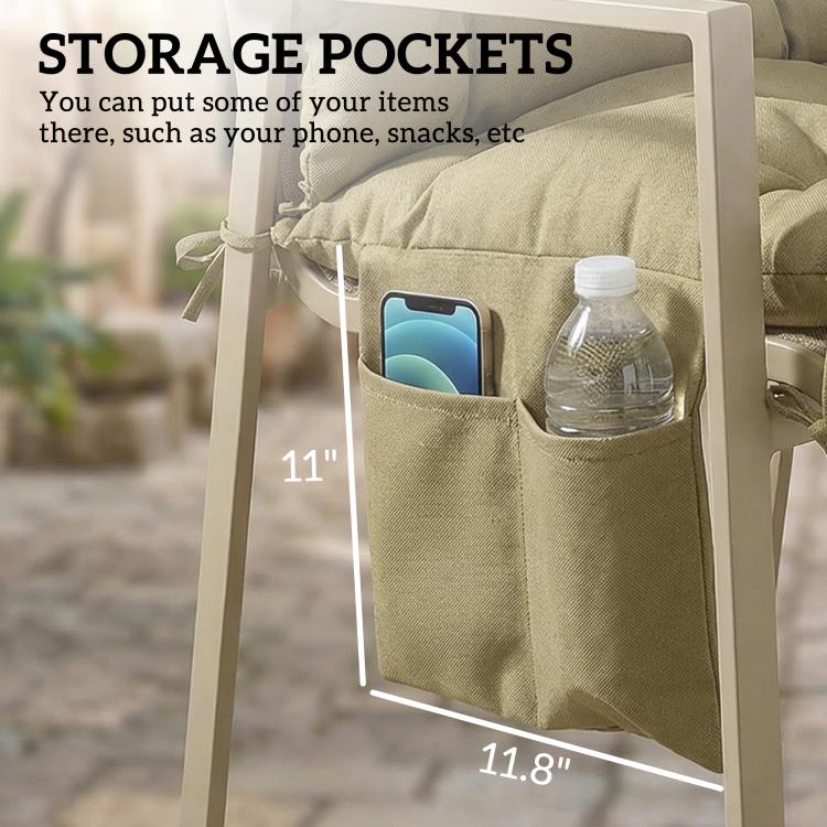 Beige bench swing cushion with backrest and zip side storage pocket