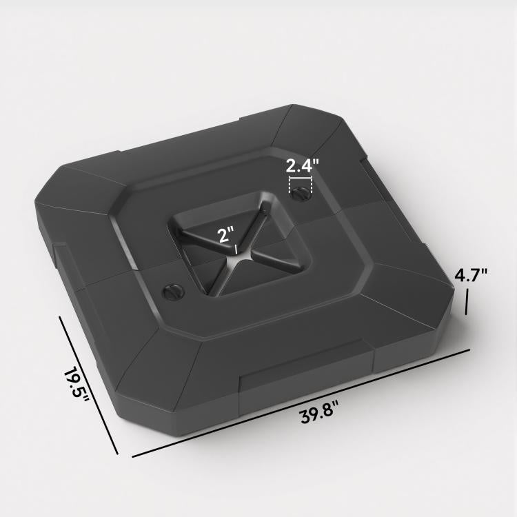 2-piece cantilever umbrella base weight set, black with size measurements shown