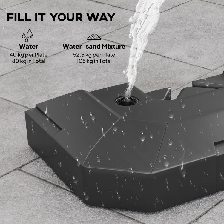 2-piece cantilever umbrella base weight set, black with fill opening and water droplets
