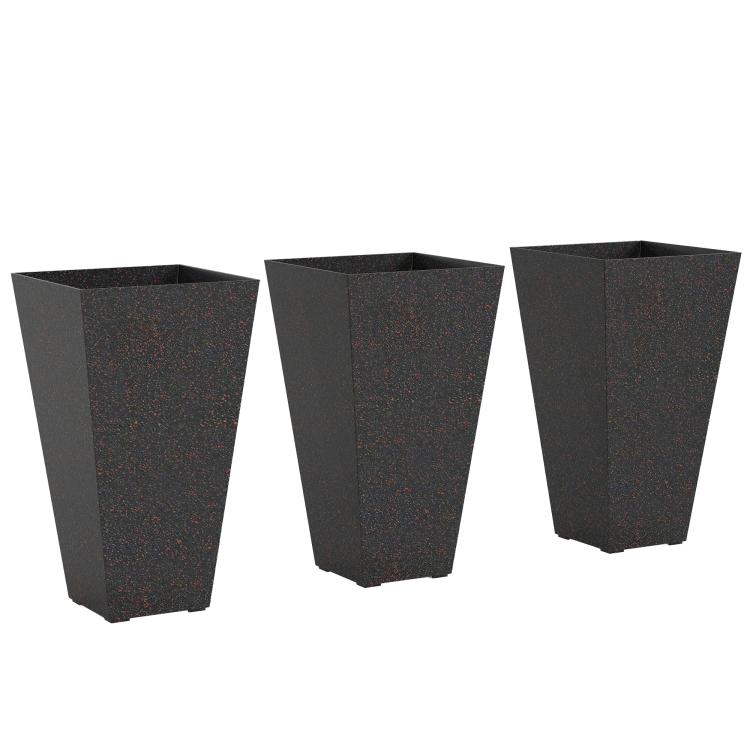 Three tall tapered plant pots with dark speckled marble-style texture, open tops
