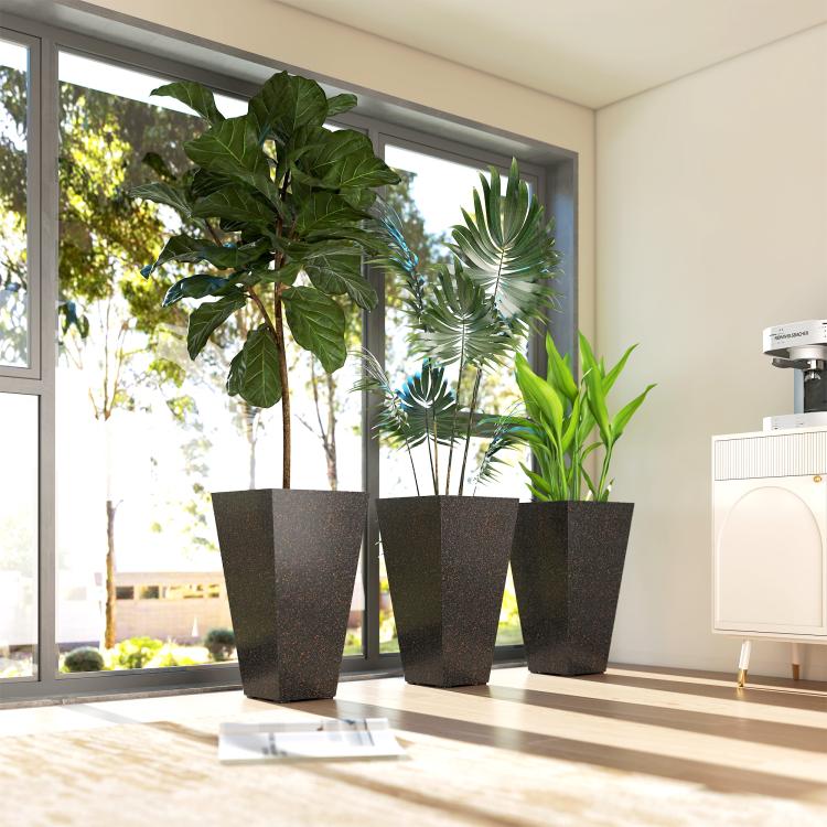 Set of three tall taper planters, dark speckled plastic pots with drainage holes