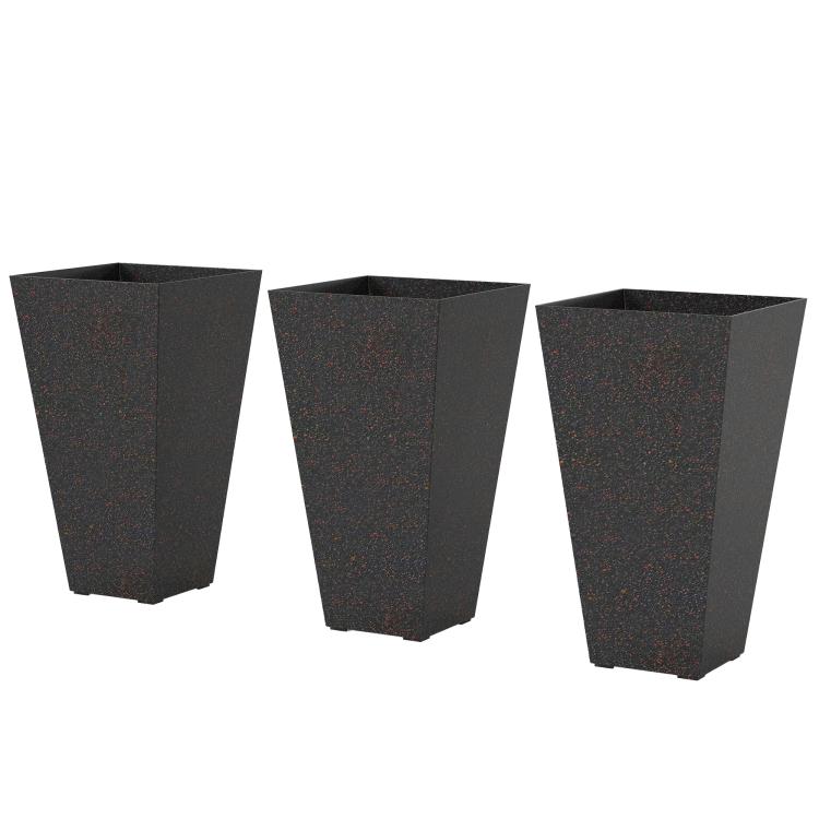 Three tall taper planters in dark speckled plastic with open tops