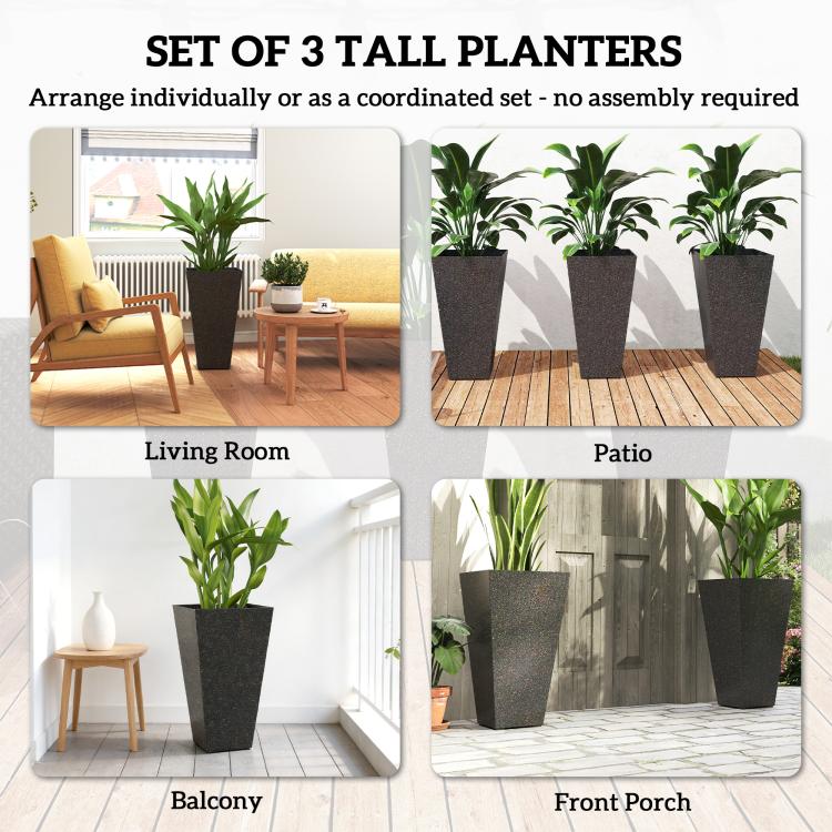 Set of 3 tall planters with dark speckled finish for indoor and outdoor use