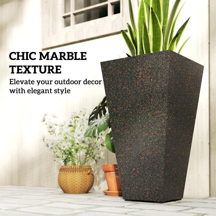 Tall tapered planter with chic marble texture, dark speckled surface and open rim