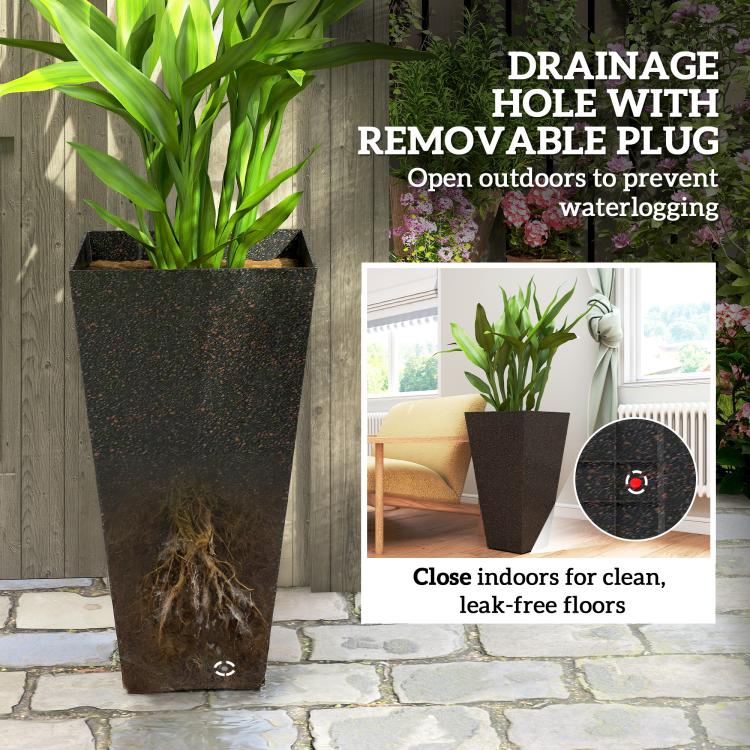 Tall planter with drainage hole and removable plug, dark speckled exterior