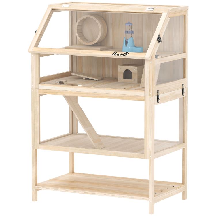 Wooden hamster cage with side door and upper tunnel hide inside