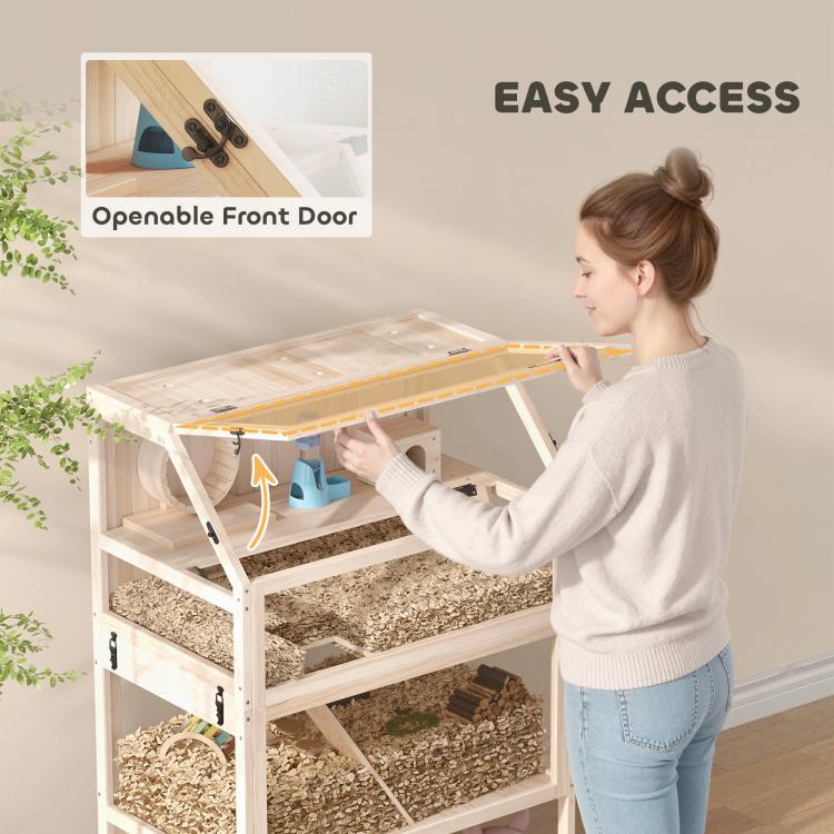 Wooden hamster cage with open front door, ramps and exercise wheel, multi-level interior
