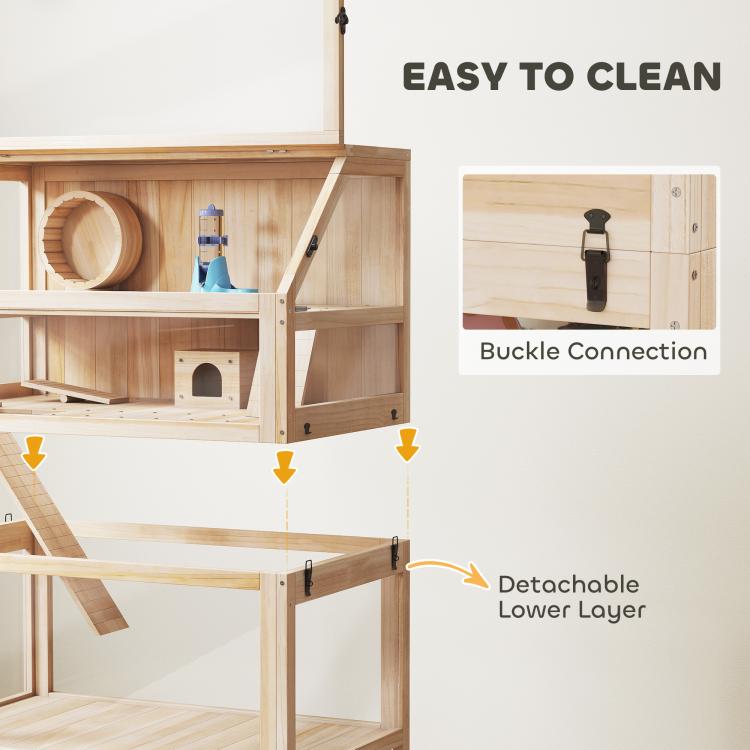 Wooden hamster cage with detachable lower panel and latch-style connectors