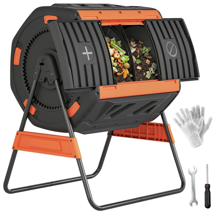 Dual-chamber outdoor compost tumbler bin with open orange loading door and black drum