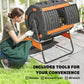 Outdoor tumbling compost bin, orange and dark gray dual-chamber drum on black stand