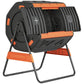 Orange-accented outdoor tumbling compost bin with dark gray dual chamber and stand