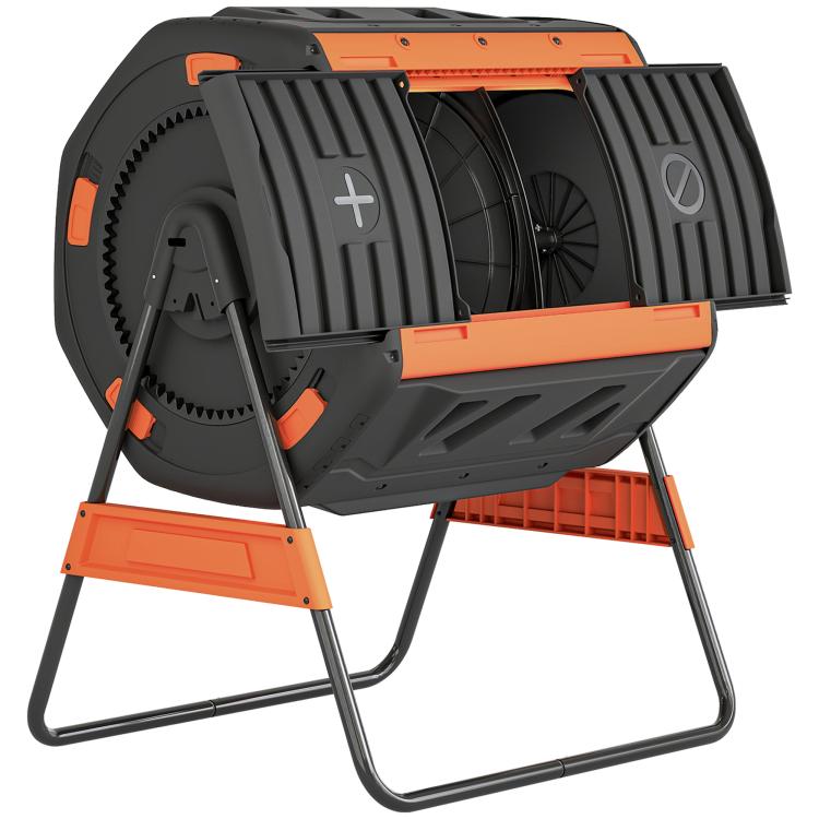 Orange-accented outdoor tumbling compost bin with dark gray dual chamber and stand