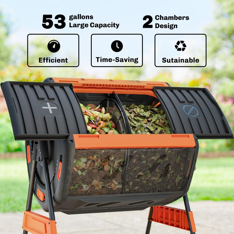 Outdoor dual-chamber compost tumbler with open black drum panels and orange center door